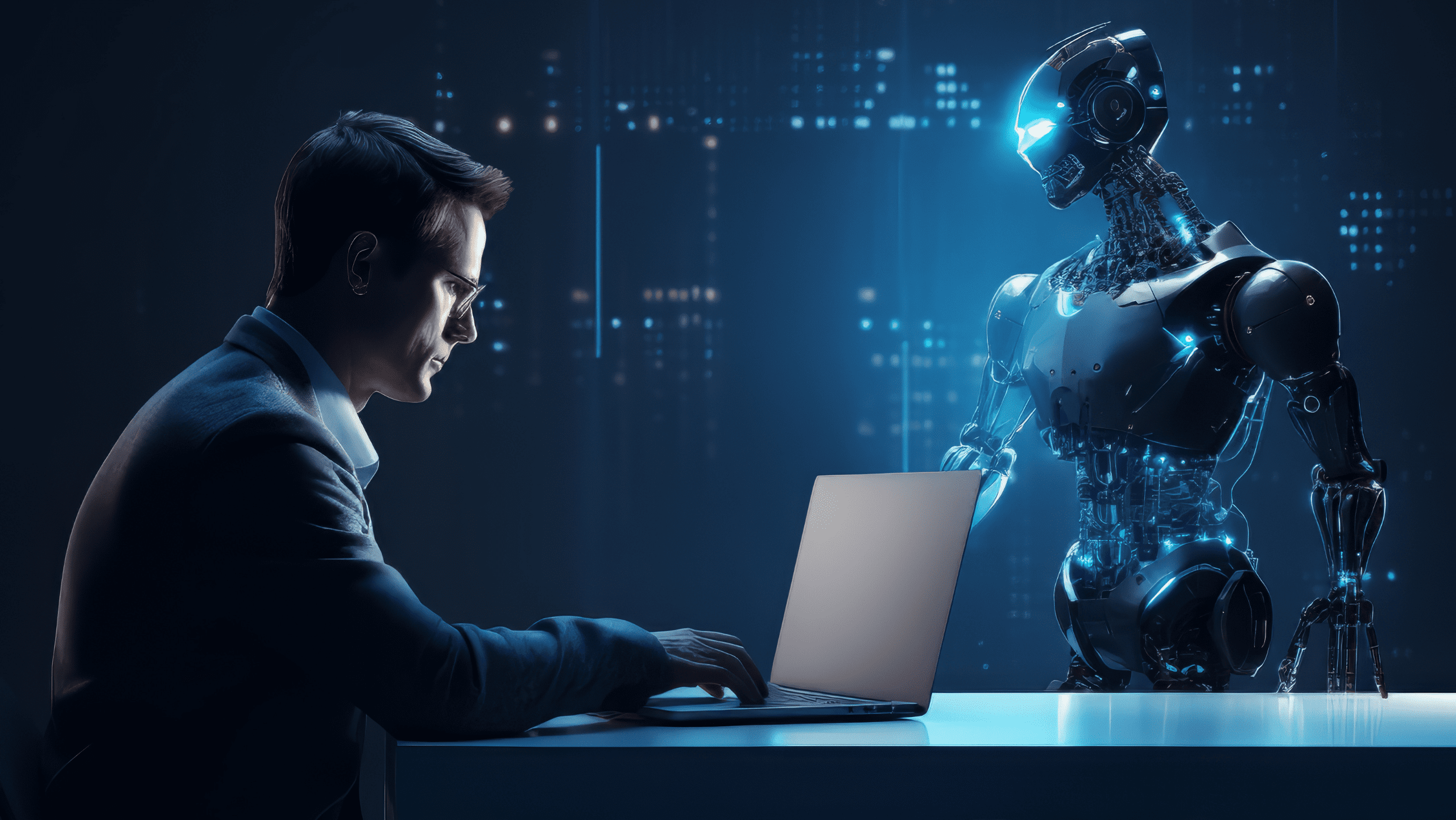 Business professional collaborating with AI robot on laptop representing human-AI partnership in digital marketing - Cerebrozenox AI